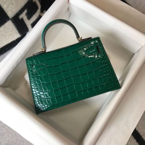 HERM Kelly Mini II Bag In Green Embossed Crocodile Leather