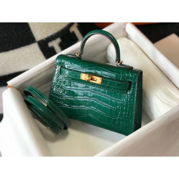 HERM Kelly Mini II Bag In Green Embossed Crocodile Leather