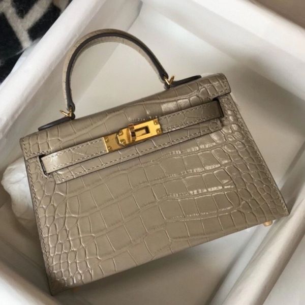 HERM Kelly Mini II Bag In Taupe Embossed Crocodile Leather