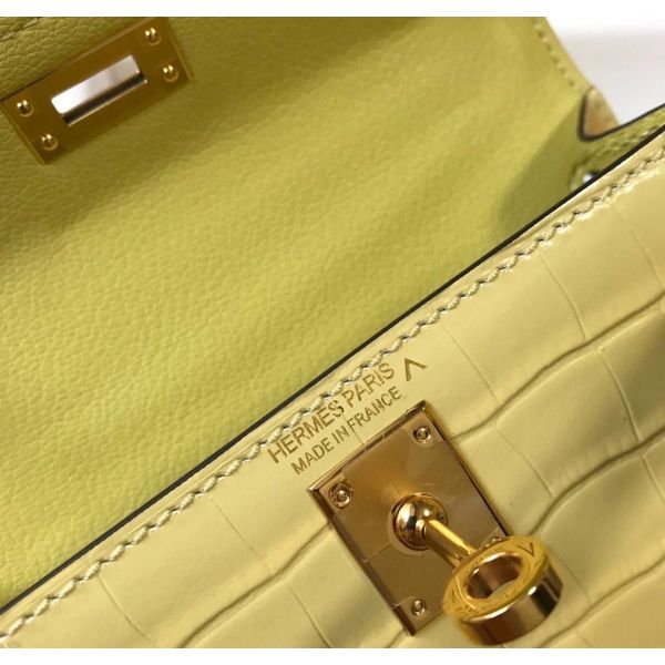 HERM Kelly Mini II Bag In Jaune Poussin Embossed Crocodile Leather