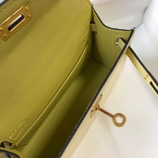 HERM Kelly Mini II Bag In Jaune Poussin Embossed Crocodile Leather