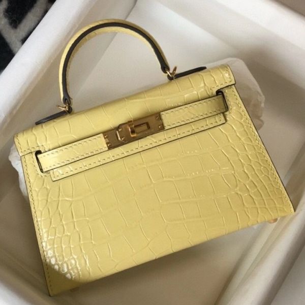 HERM Kelly Mini II Bag In Jaune Poussin Embossed Crocodile Leather