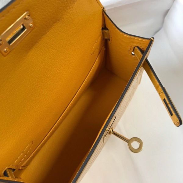 HERM Kelly Mini II Bag In Yellow Embossed Crocodile Leather