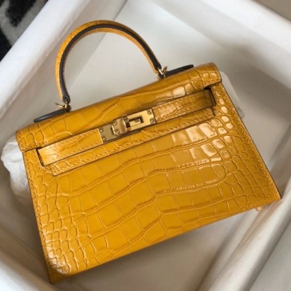 HERM Kelly Mini II Bag In Yellow Embossed Crocodile Leather