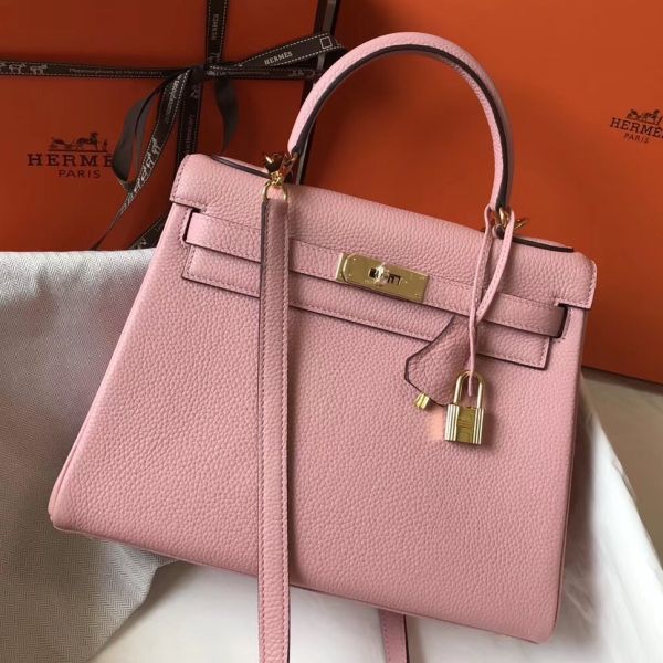 HERM Kelly 28cm Bag In Pink Clemence Leather GHW