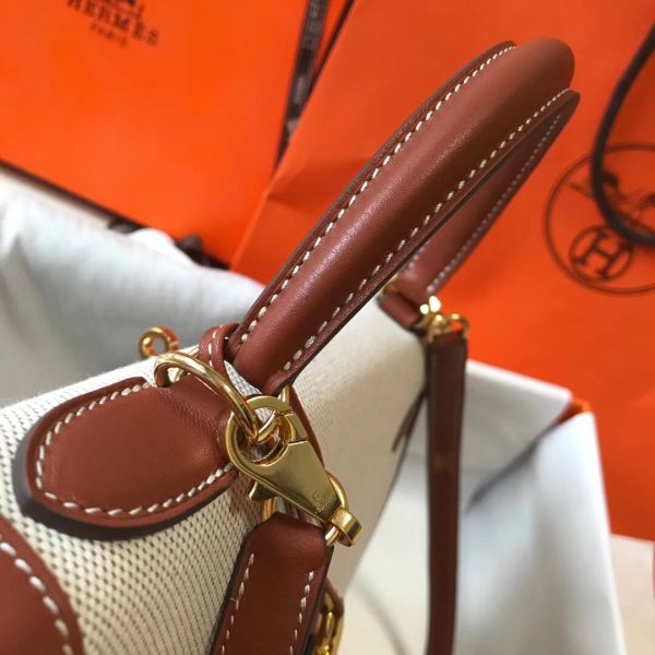 HERM Kelly 32cm Bag In Toile Canvas With Barenia Leather