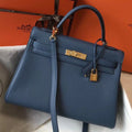 HERM Kelly 32cm Bag In Blue Agate Clemence Leather GHW