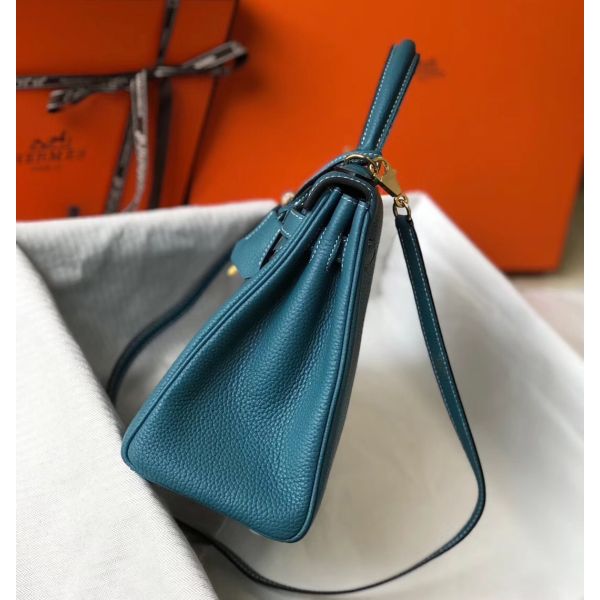 HERM Kelly 32cm Bag In Blue Jean Clemence Leather GHW