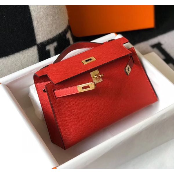 HERM Kelly Pochette Bag In Red Epsom Leather