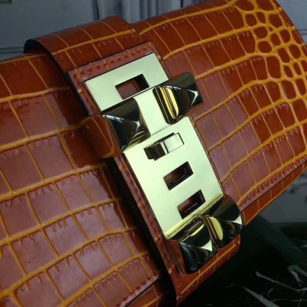 HERM Medor Clutch Bag In Orange Crocodile Leather