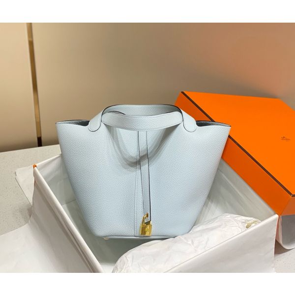 HERM Picotin Lock 18 Bag In Blue Brume Clemence Leather