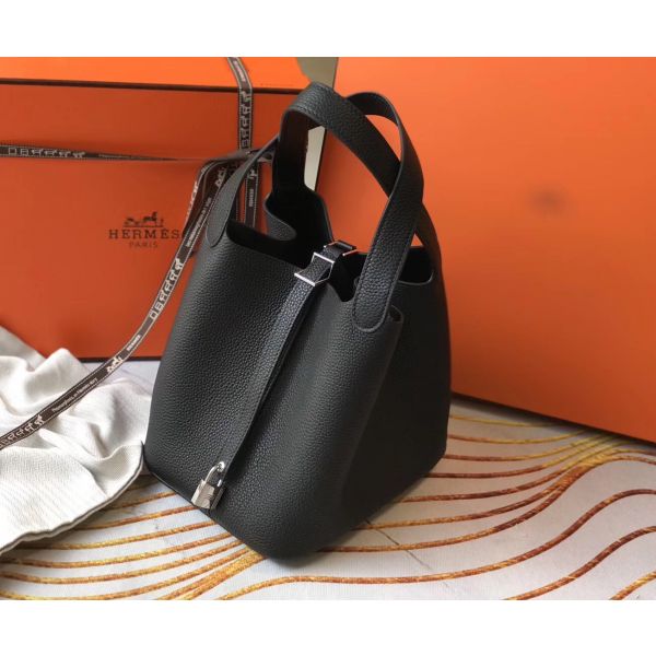 HERM Picotin Lock 18 Bag In Black Clemence Leather