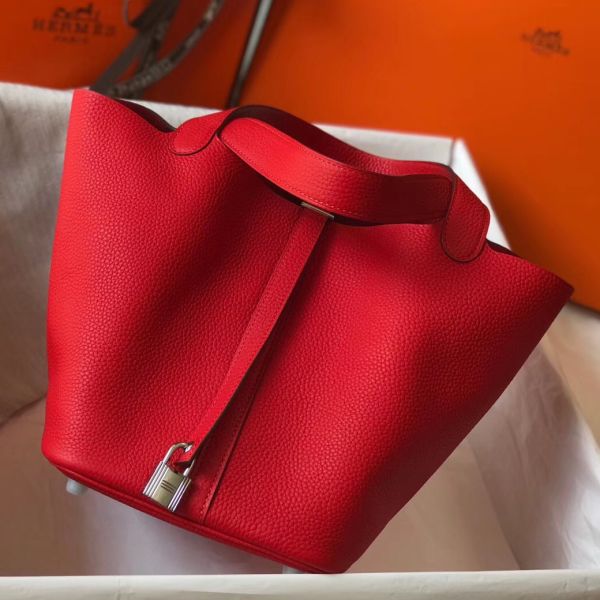 HERM Picotin Lock 18 Bag In Red Clemence Leather