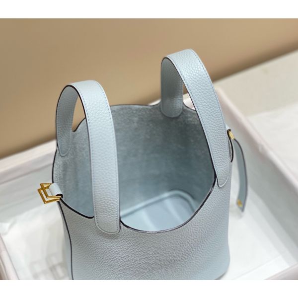 HERM Picotin Lock 22 Bag In Blue Brume Clemence Leather