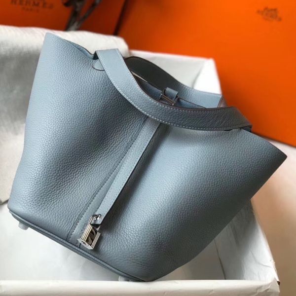 HERM Picotin Lock 22 Bag In Blue Lin Clemence Leather