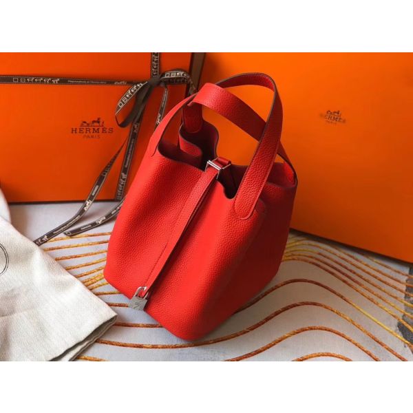 HERM Picotin Lock 22 Bag In Red Clemence Leather