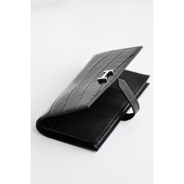 HERM Bearn Long Wallet in Black Shiny Alligator Leather