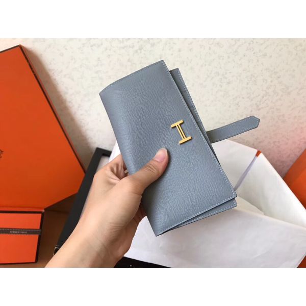 HERM Blue Lin Epsom Bearn Gusset Wallet