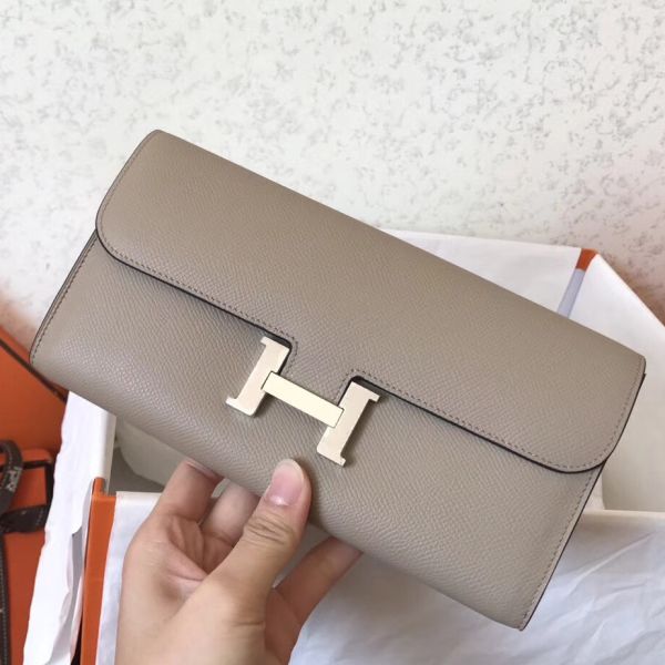 HERM Constance Long Wallet In Grey Epsom Leather