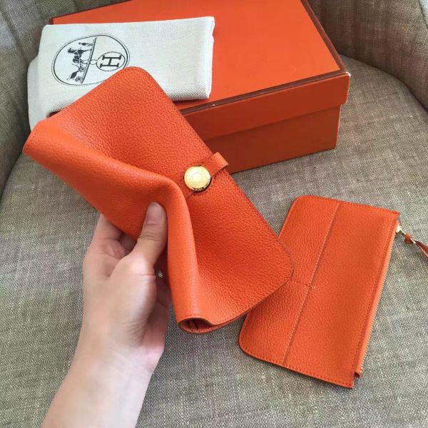 HERM Dogon Duo Wallet In Orange Clemence Leather