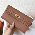 HERM Kelly Classic Long Wallet In Brown Epsom Leather