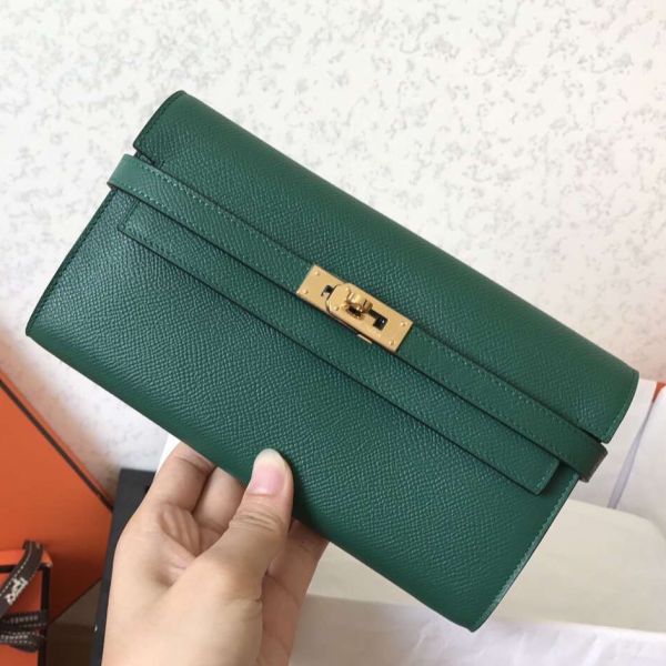 HERM Kelly Classic Long Wallet In Malachite Epsom Leather