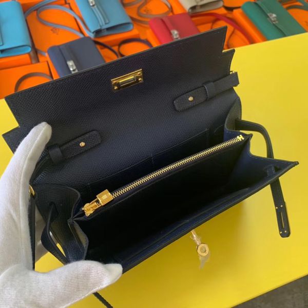 HERM Kelly Classique To Go Wallet In Dark Blue Epsom Calfskin