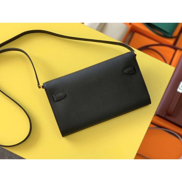 HERM Kelly Classique To Go Wallet In Black Epsom Calfskin