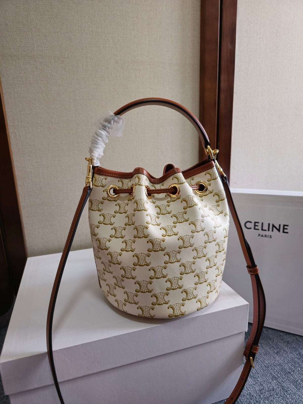 CLARA BAG 19 IN WHITE TRIOMPHE CANVAS AND BROWN CALFSKIN TRIM