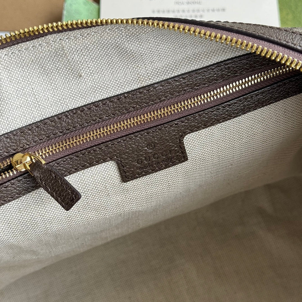 OPHIDIA LARGE BOSTON BAG 31 IN BEIGE EBONY GG BROWN CALFSKIN TRIM