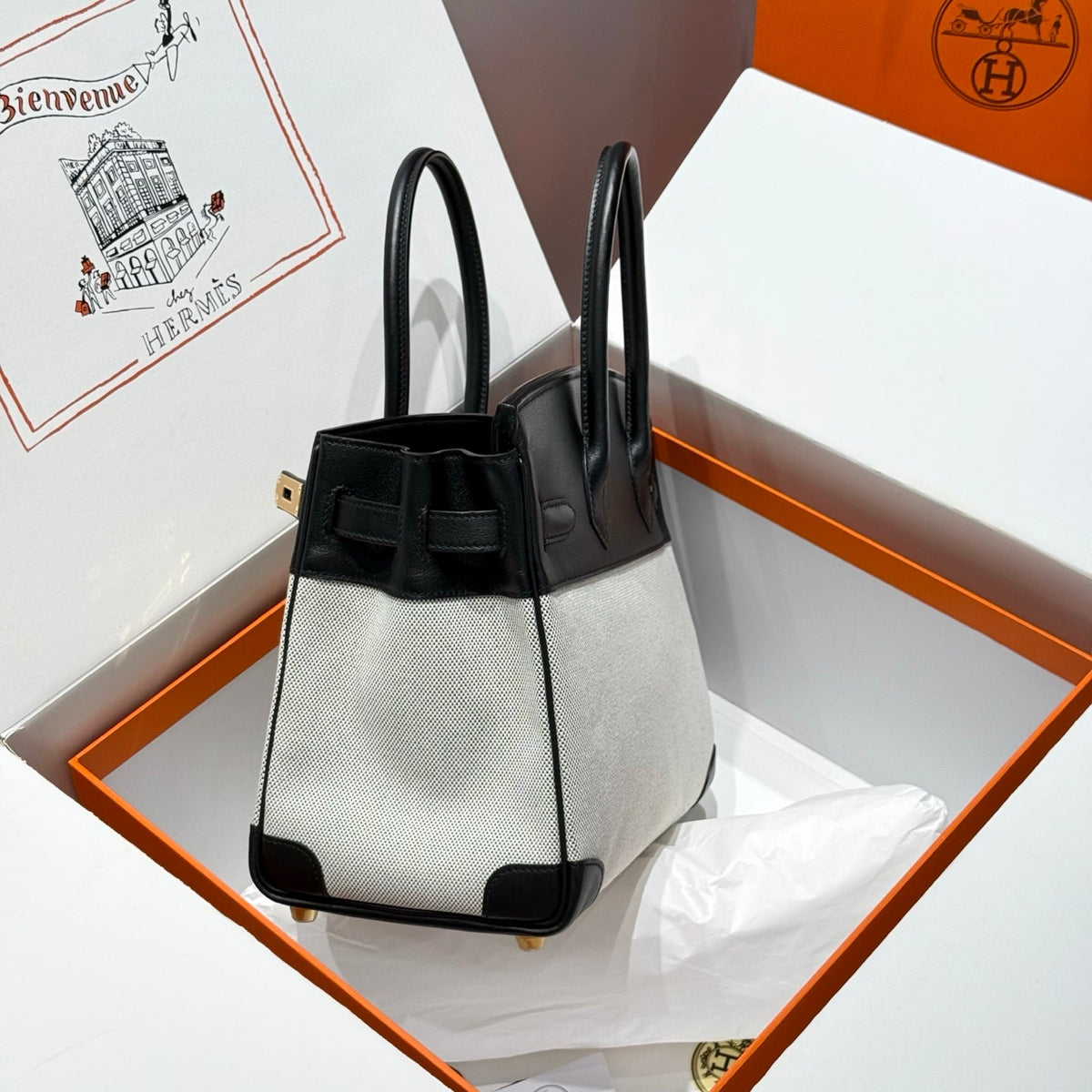 QUADRILLE BIRKIN 30CM IN BLACK SWIFT CALFSKIN WHITE TOILE CANVAS