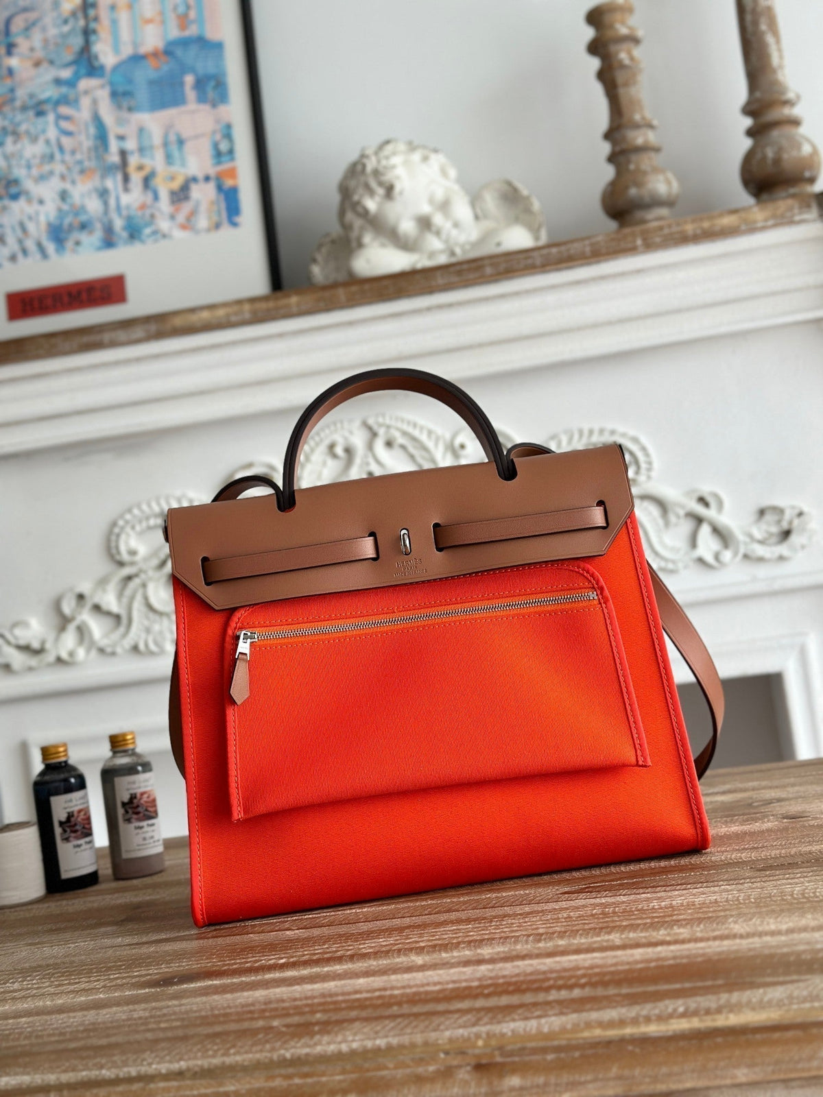 ZIP CABINE 31 BAG IN FIRE ORANGE CANVAS AND BRONZE BROWN CALFSKIN