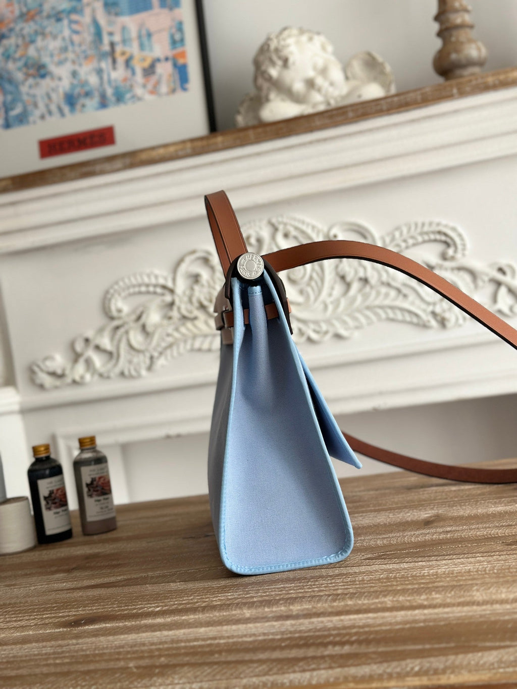 ZIP CABINE 31 BAG IN LIGHT BLUE CANVAS AND BRONZE BROWN CALFSKIN