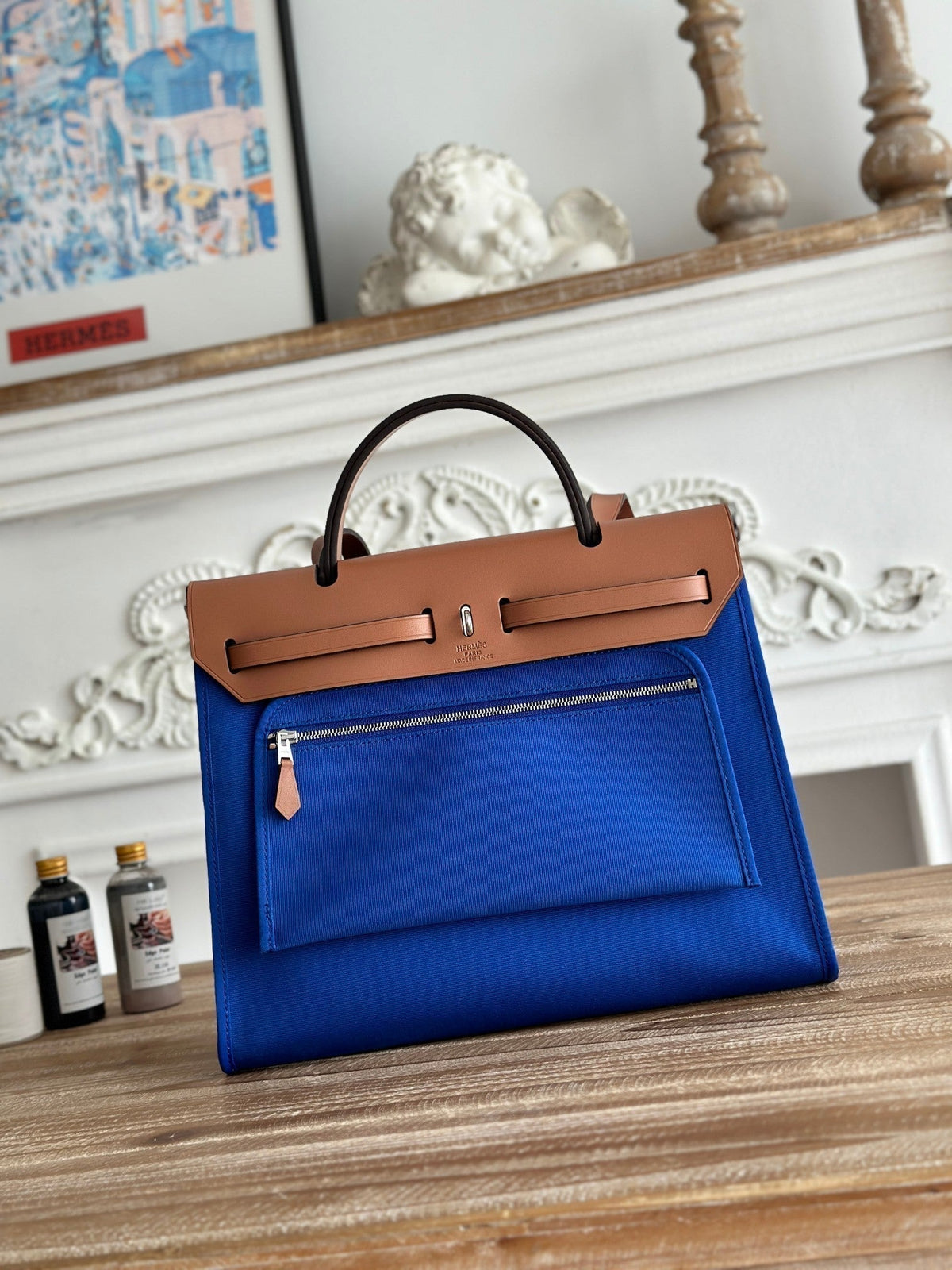 ZIP CABINE 31 BAG IN COBALT BLUE CANVAS AND BRONZE BROWN CALFSKIN