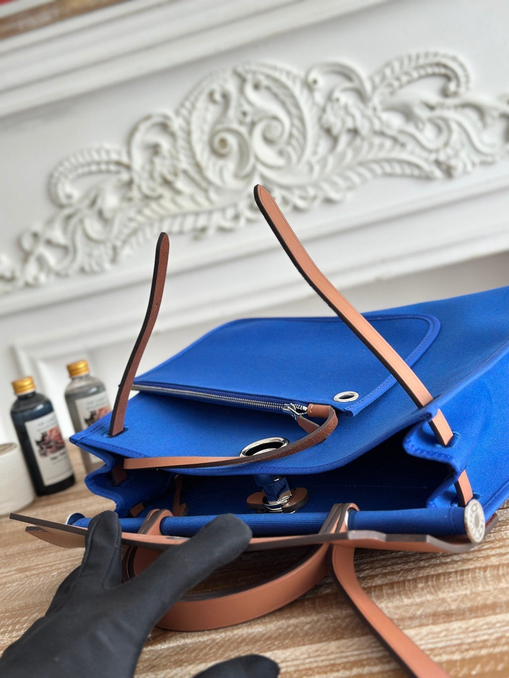 ZIP CABINE 31 BAG IN COBALT BLUE CANVAS AND BRONZE BROWN CALFSKIN