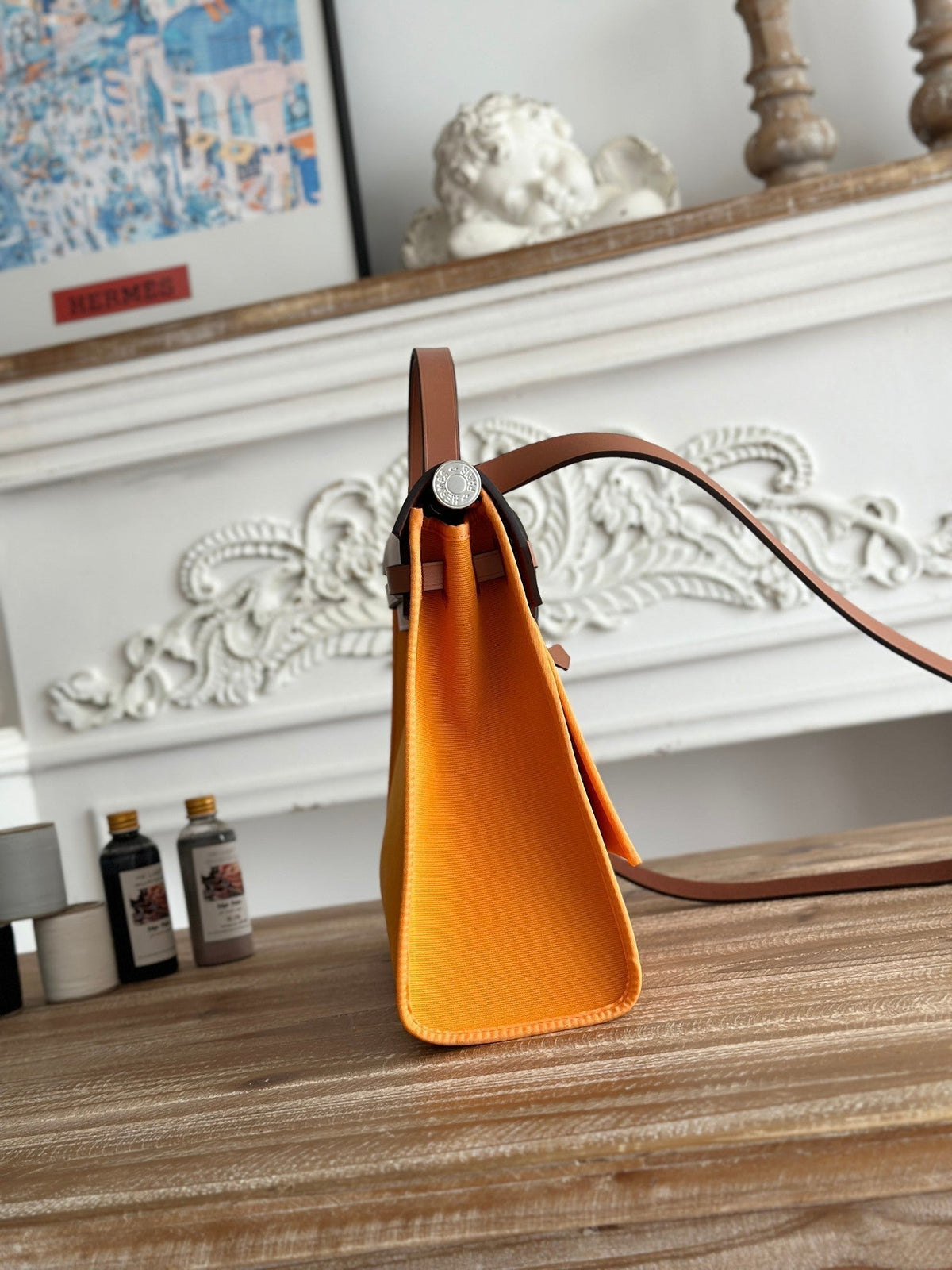 ZIP CABINE 31 BAG IN APRICOT ORANGE CANVAS AND BRONZE BROWN CALFSKIN