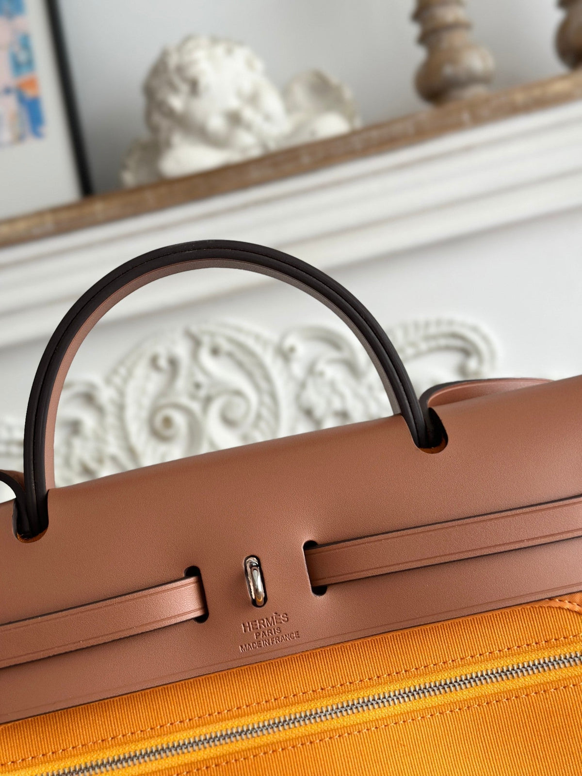 ZIP CABINE 31 BAG IN APRICOT ORANGE CANVAS AND BRONZE BROWN CALFSKIN