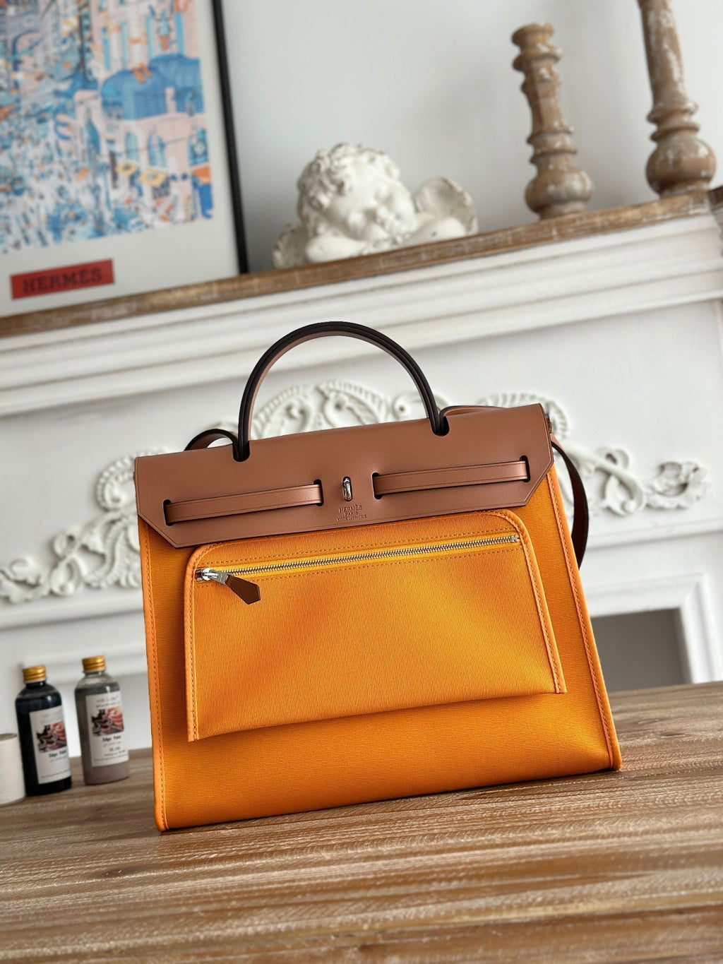 ZIP CABINE 31 BAG IN APRICOT ORANGE CANVAS AND BRONZE BROWN CALFSKIN