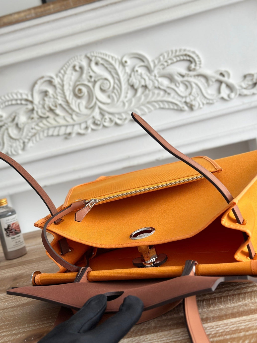 ZIP CABINE 31 BAG IN APRICOT ORANGE CANVAS AND BRONZE BROWN CALFSKIN