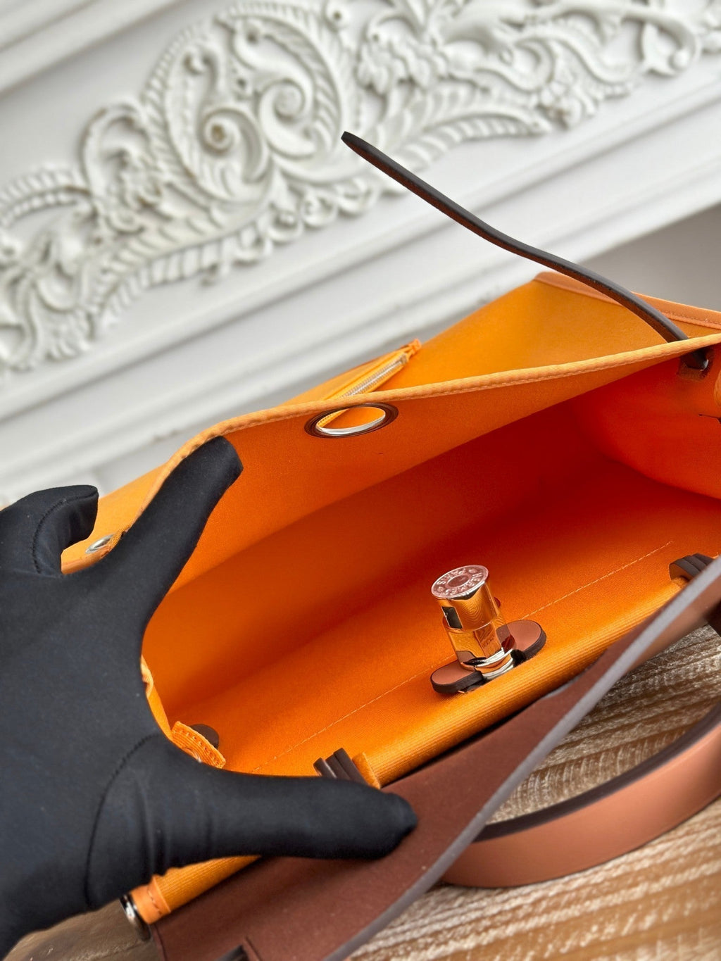 ZIP CABINE 31 BAG IN APRICOT ORANGE CANVAS AND BRONZE BROWN CALFSKIN