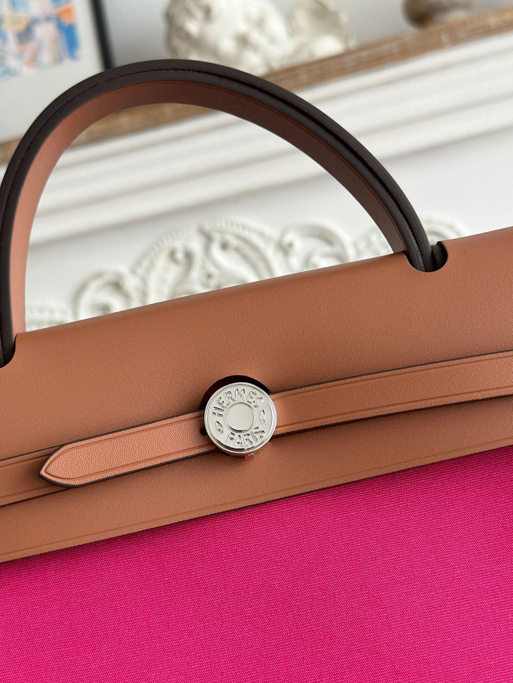 ZIP CABINE 31 BAG IN FUCHSIA PINK CANVAS AND BRONZE BROWN CALFSKIN