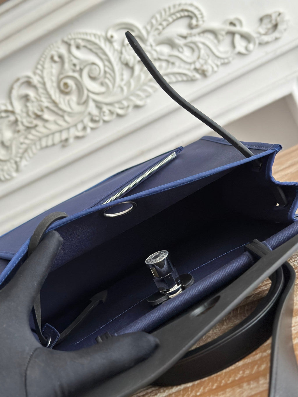 ZIP CABINE 31 BAG IN NAVY BLUE CANVAS AND BLACK CALFSKIN
