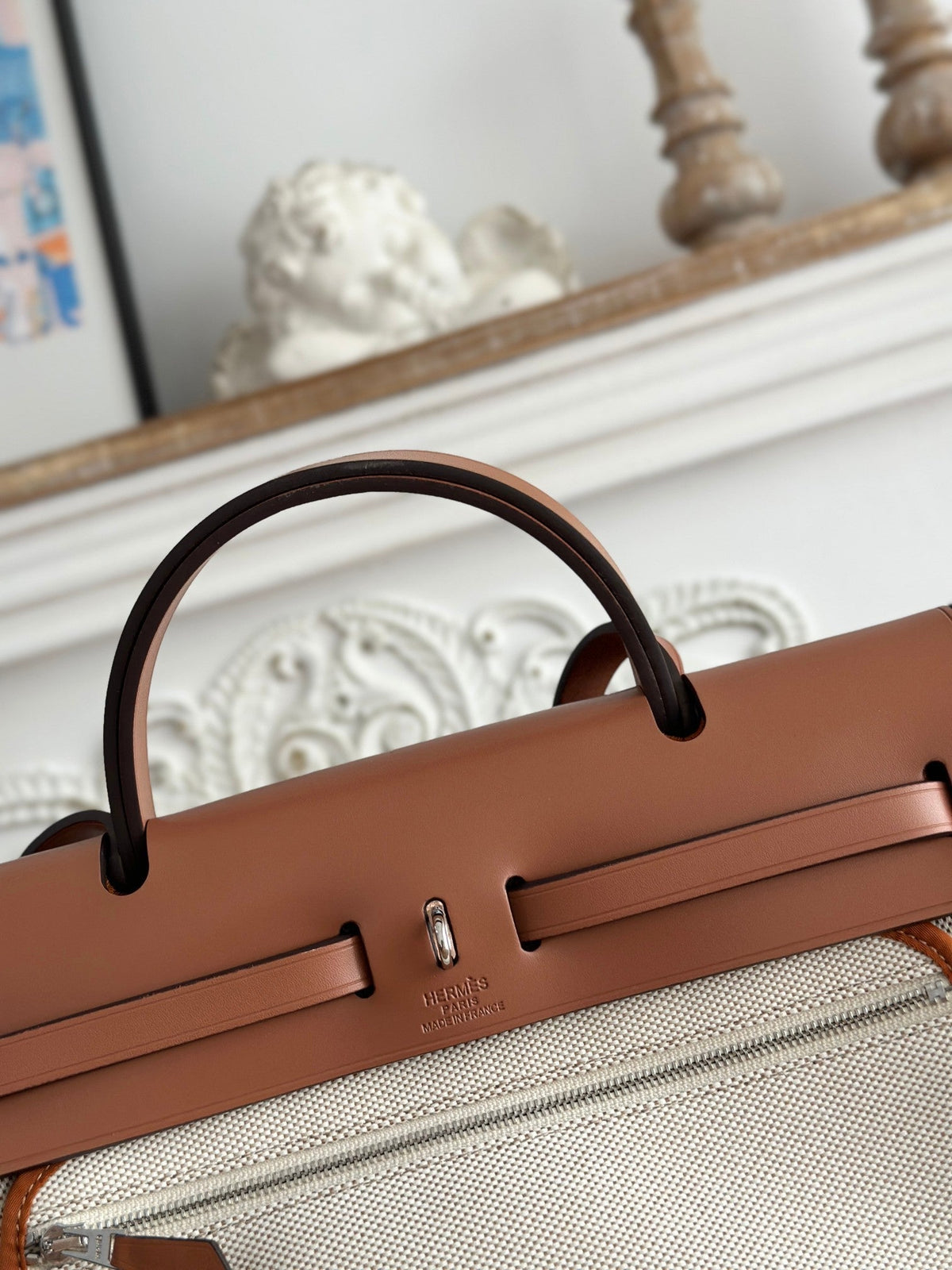 HERBAG ZIP 31 LAQUERED BAG IN OFF-WHITE MIX BROWN H PLUME CANVAS AND BROWN COWHIDE