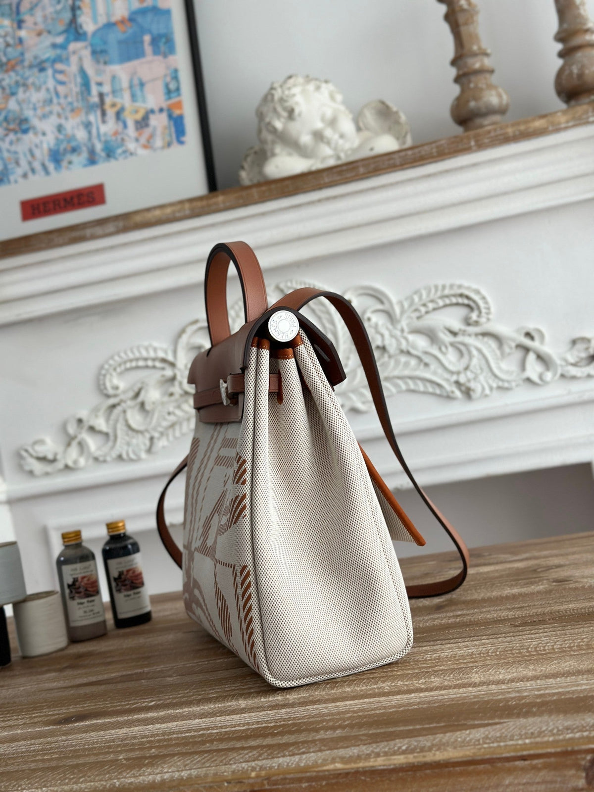 BOLSO HERBAG ZIP 31 RETOURNE BAG IN OFF-WHITE MIX BROWN H VIKING CANVAS AND COWHIDE