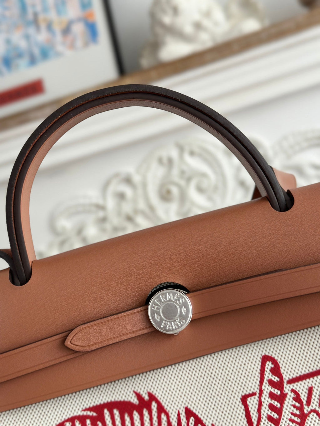 HERBAG ZIP 31 RETOURNE PEGASE POP BAG IN OFF-WHITE MIX RED CANVAS AND HUNTER COWHIDE