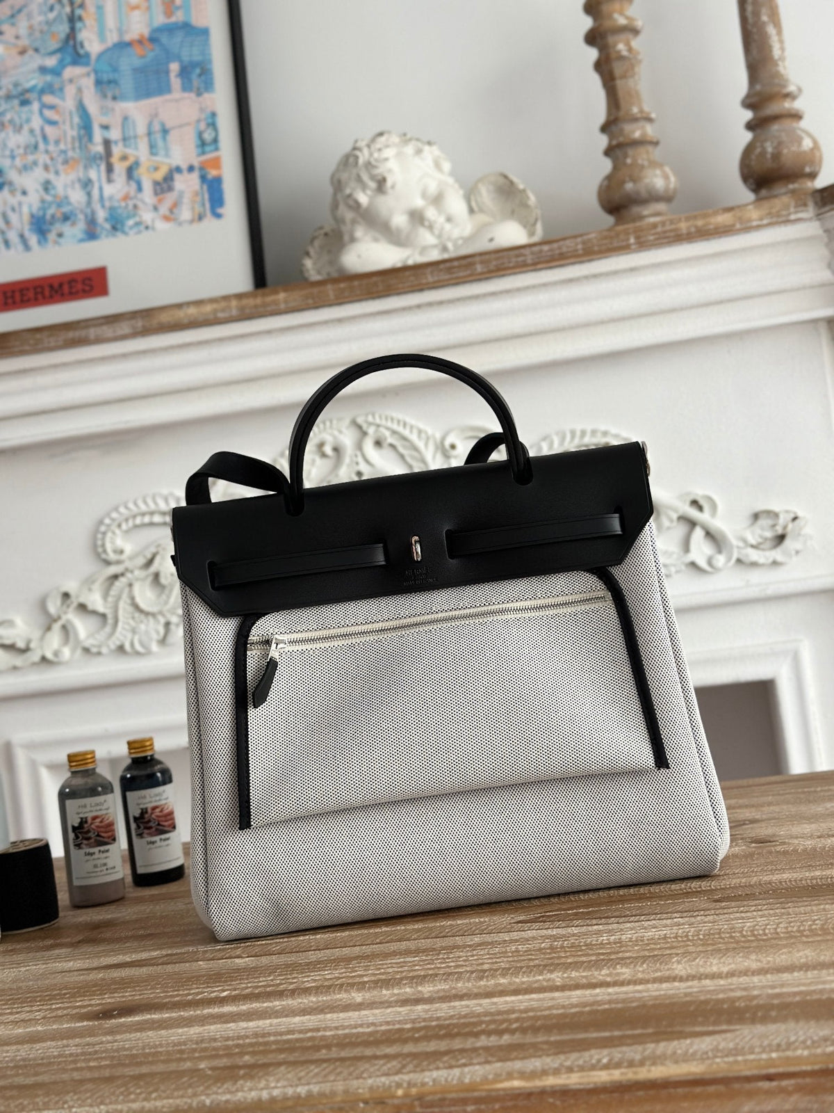 HERBAG ZIP 31 LAQUERED BAG IN OFF-WHITE MIX BLUE H PLUME CANVAS