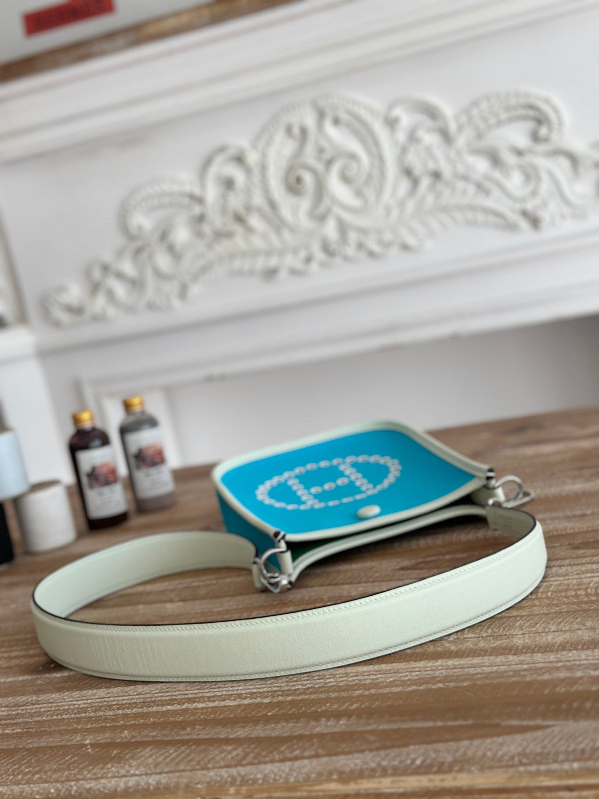 MINI NEO 17 EVELYNE BAG IN SKY BLUE CANVAS AND WHITE CALFSKIN