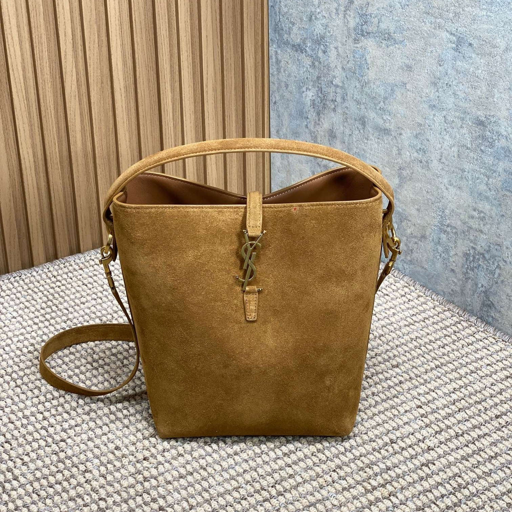 LE 37 SMALL BUCKET BAG 25 IN BROWN SUEDE GOLD HARDWARE