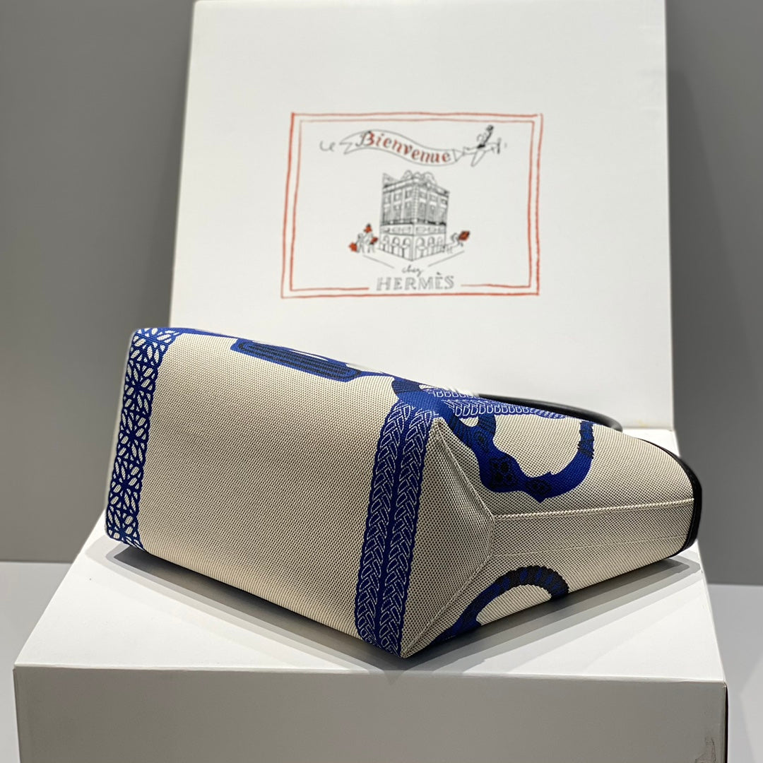 STEEPLE 28 BAG IN OFF-WHITE MIX BLUE CANVAS AND BLACK CALFSKIN