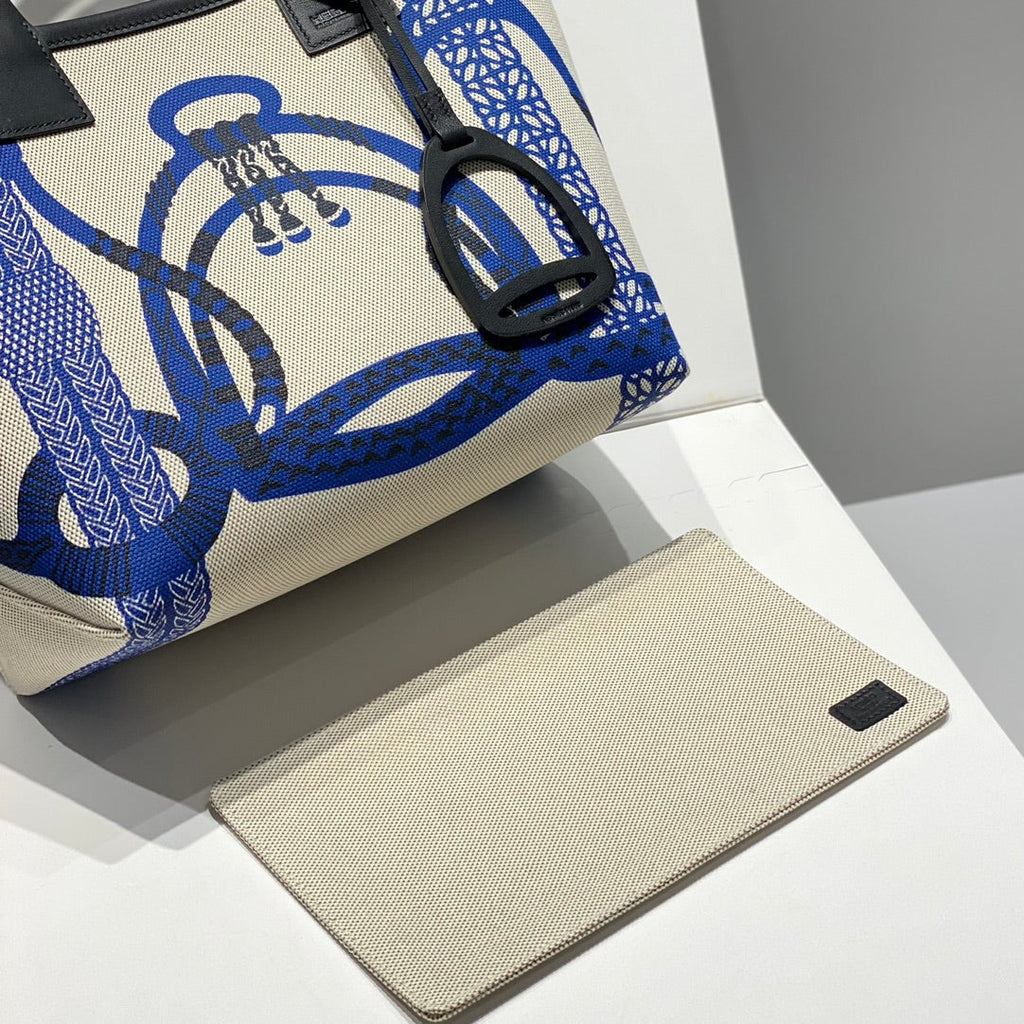 STEEPLE 28 BAG IN OFF-WHITE MIX BLUE CANVAS AND BLACK CALFSKIN